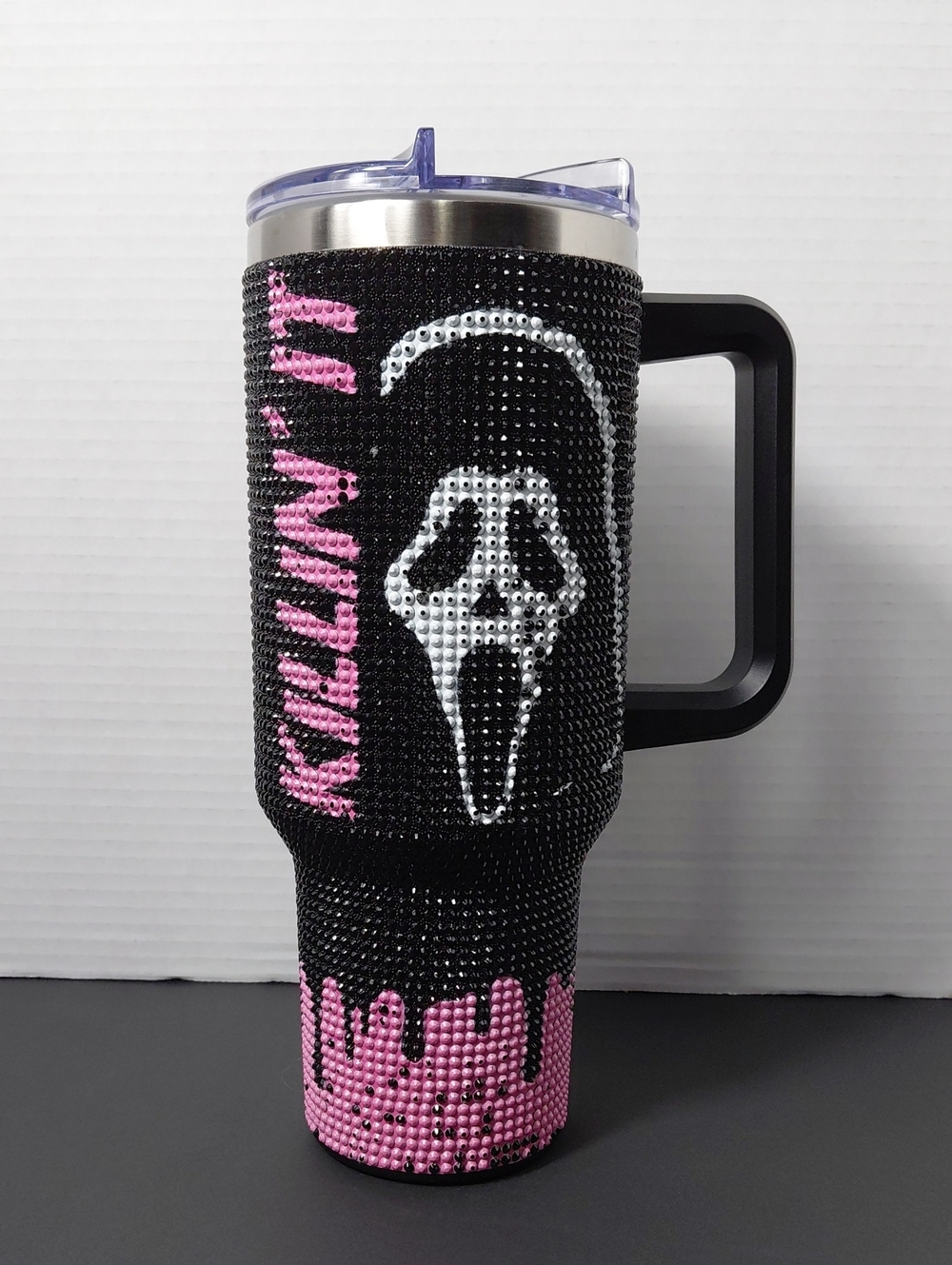 Black & Pink Rhinestone Scream Travel Mug with Handle